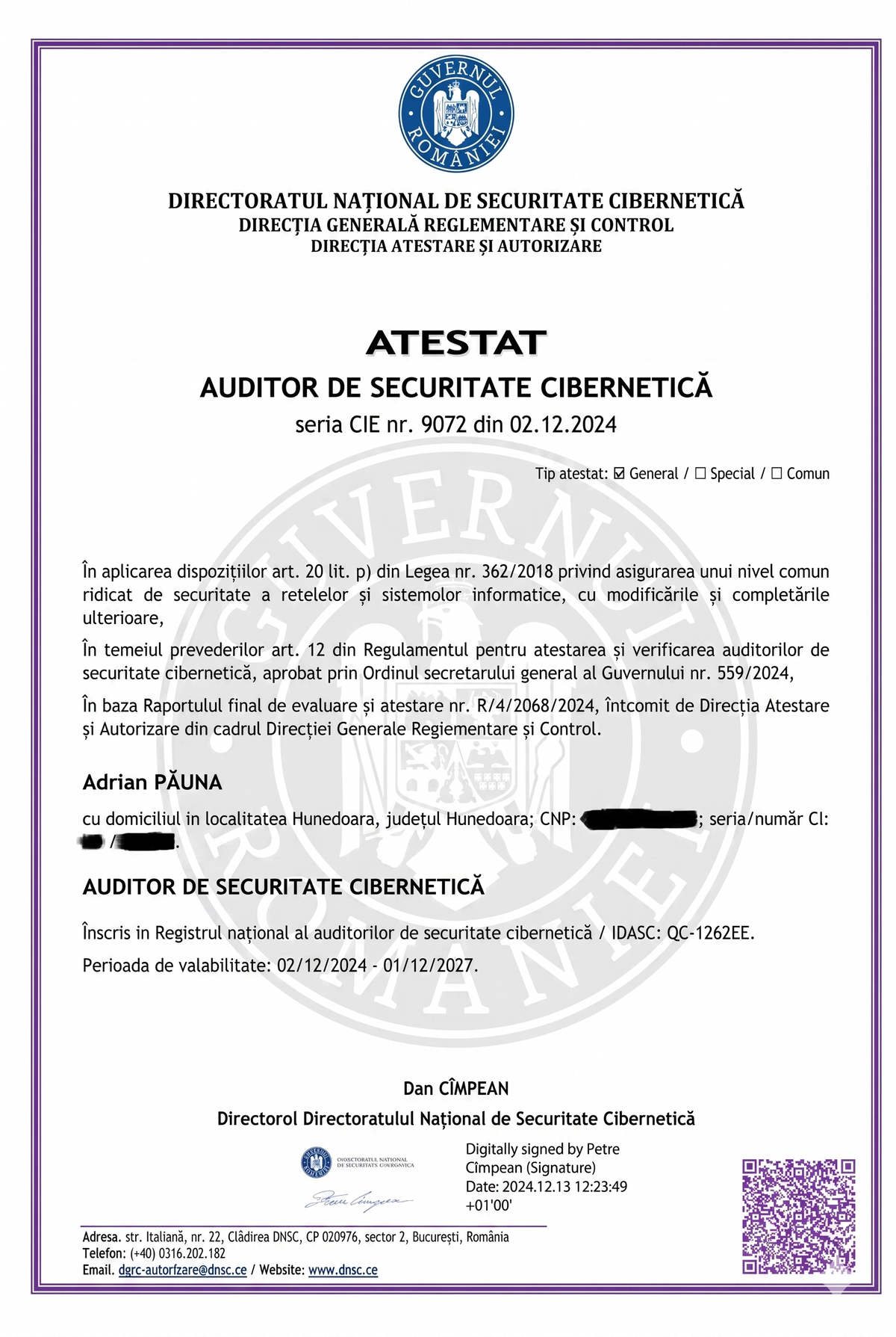 CIE-9072 — Auditor de securitate cibernetică (persoană fizică)