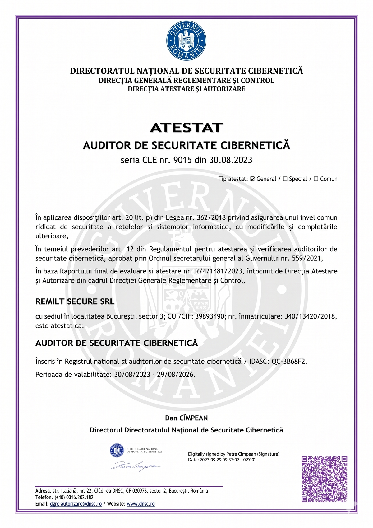 CLE-9015 — Auditor de securitate cibernetică (persoană juridică)